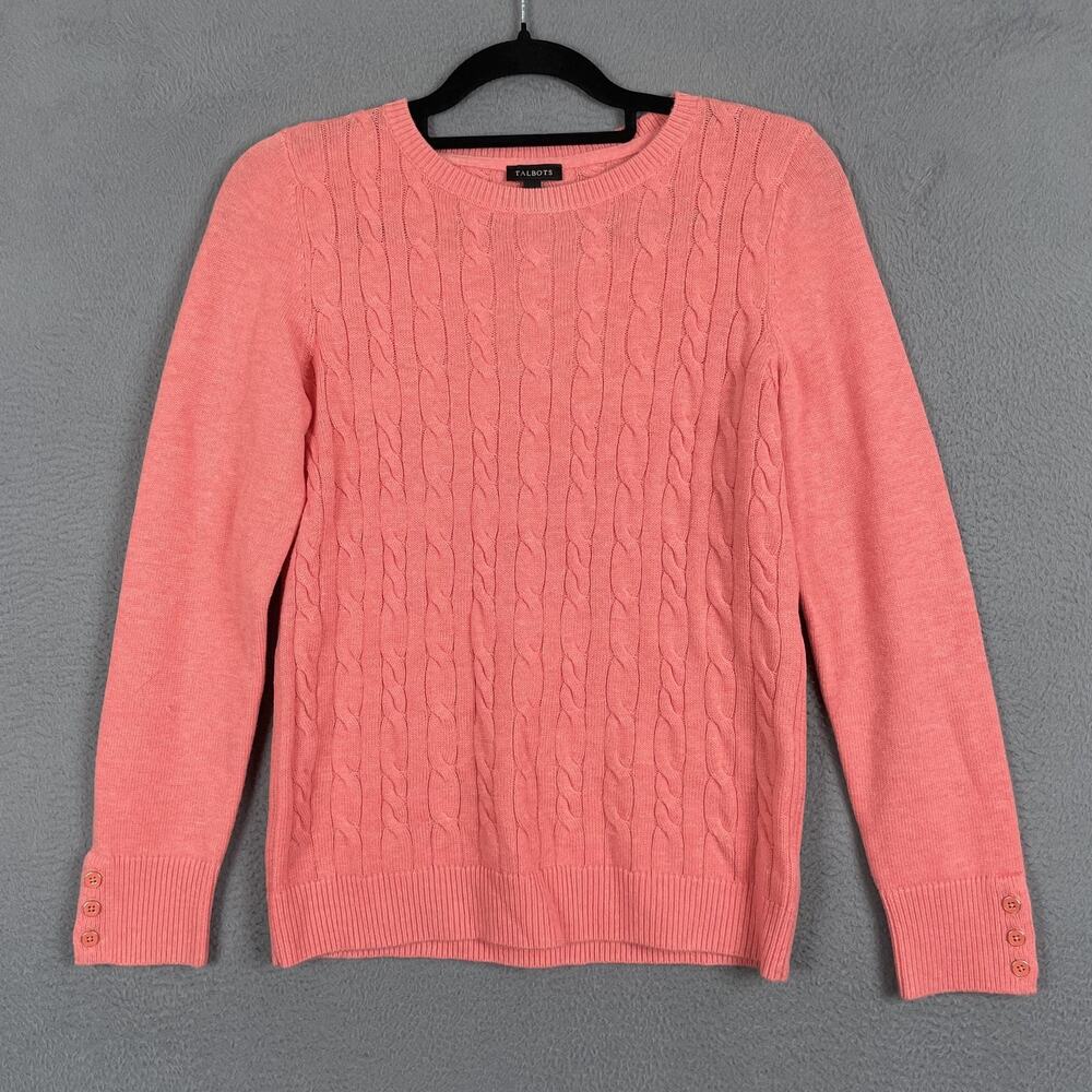 Talbots Sweater Womens Small Pink Cable Knit Lambswool Blend Button Cuff